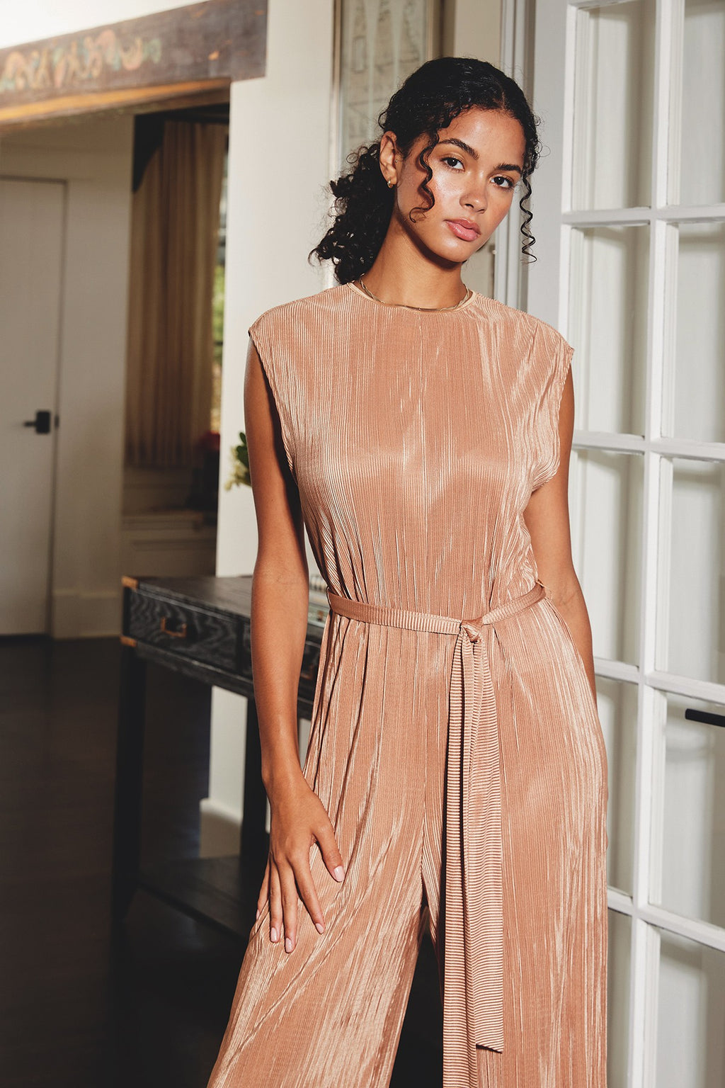 PLEATED TIE JUMPSUIT- GOLDEN