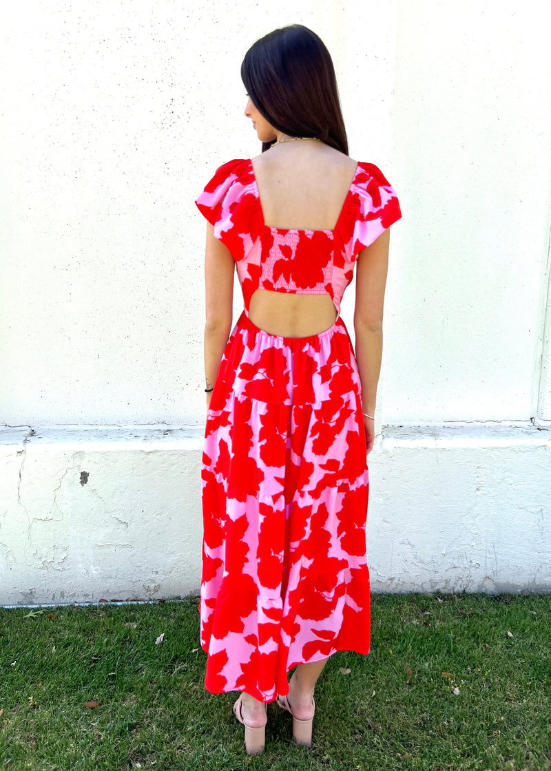 KRISTA FLORAL TIERED MAXI DRESS- RED/PINK
