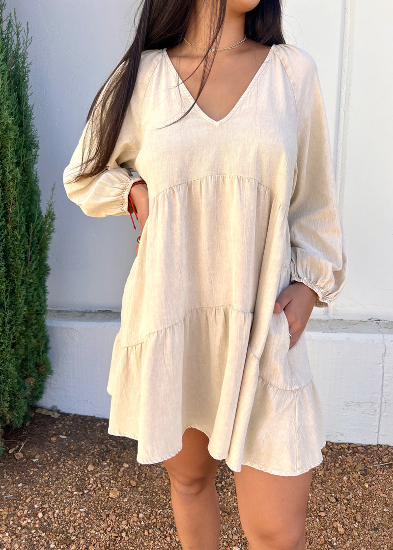 WASHED TIERED DRESS- ECRU
