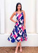 GEO PLEATED MAXI DRESS- NAVY