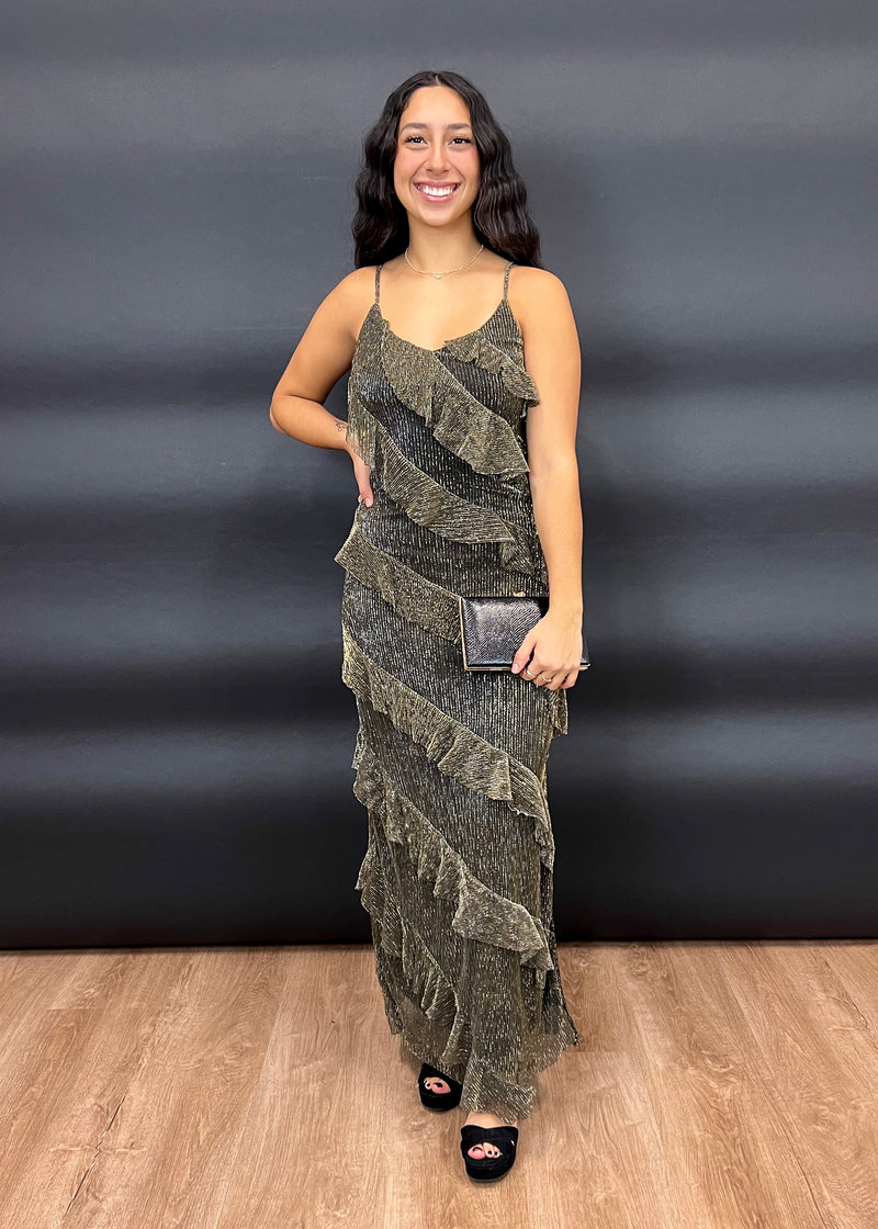 METALLIC TIERED MAXI DRESS- BLACK/GOLD