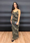 METALLIC TIERED MAXI DRESS- BLACK/GOLD