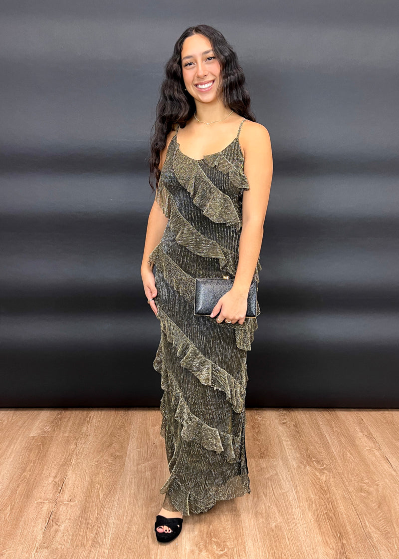 METALLIC TIERED MAXI DRESS- BLACK/GOLD