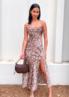 PALOMA FLORAL SATIN DRESS- BROWN
