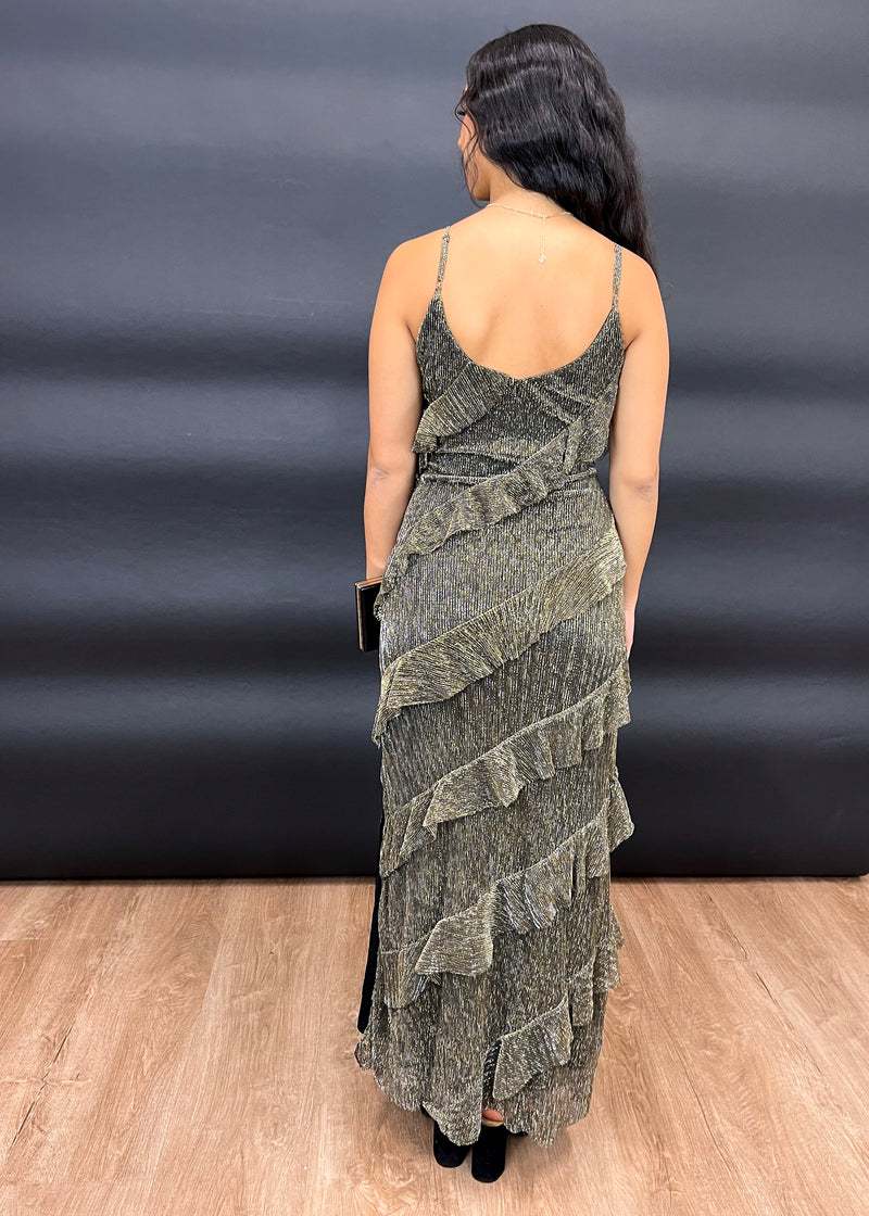 METALLIC TIERED MAXI DRESS- BLACK/GOLD