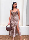 PALOMA FLORAL SATIN DRESS- BROWN