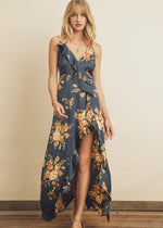FLORAL ASYMMETRICAL RUFFLE MAXI DRESS- NAVY
