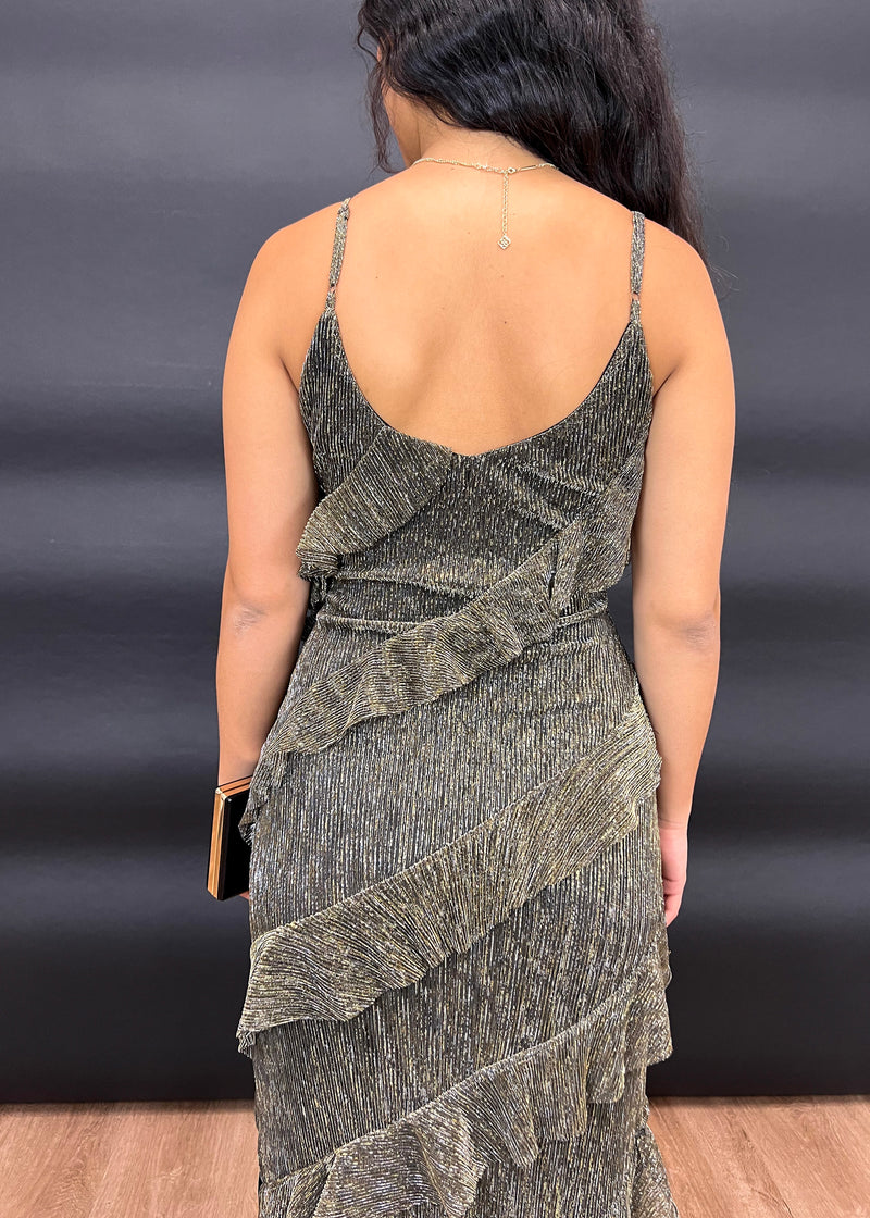 METALLIC TIERED MAXI DRESS- BLACK/GOLD