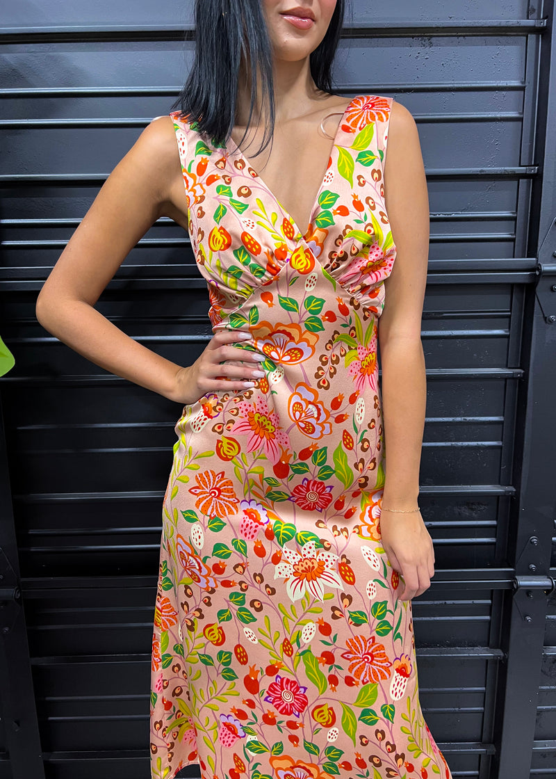 MANGO FLORAL SATIN DRESS- APRICOT