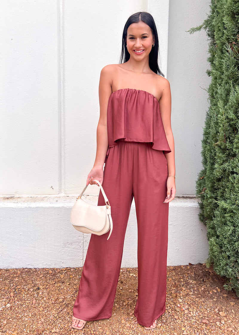 CASCADE STRAPLESS JUMPSUIT- BROWN