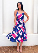 GEO PLEATED MAXI DRESS- NAVY