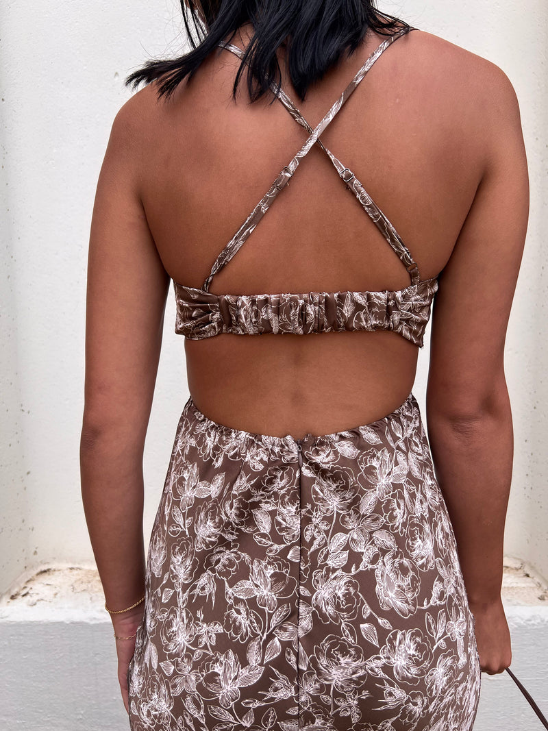 PALOMA FLORAL SATIN DRESS- BROWN