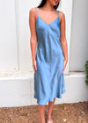 SATIN BIAS CUT SLIP DRESS- DUSTY BLUE