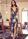 FLORAL ASYMMETRICAL RUFFLE MAXI DRESS- NAVY