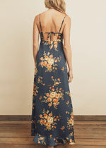 FLORAL ASYMMETRICAL RUFFLE MAXI DRESS- NAVY