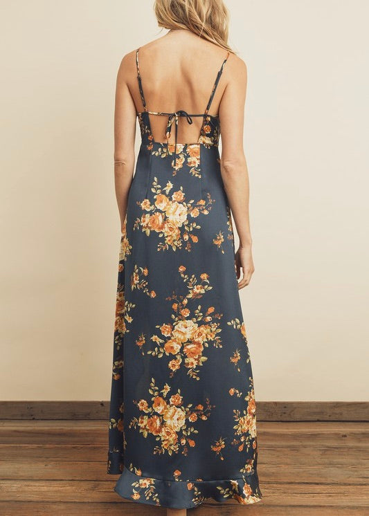 FLORAL ASYMMETRICAL RUFFLE MAXI DRESS- NAVY