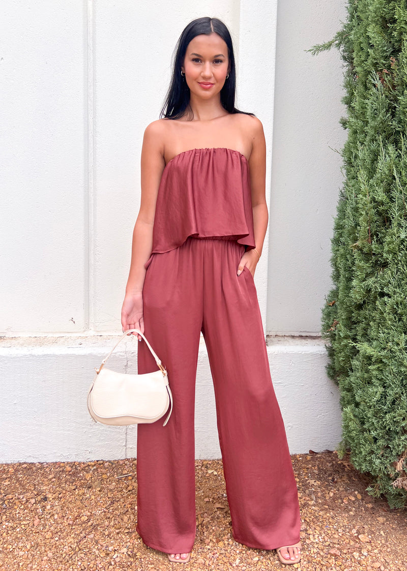 CASCADE STRAPLESS JUMPSUIT- BROWN