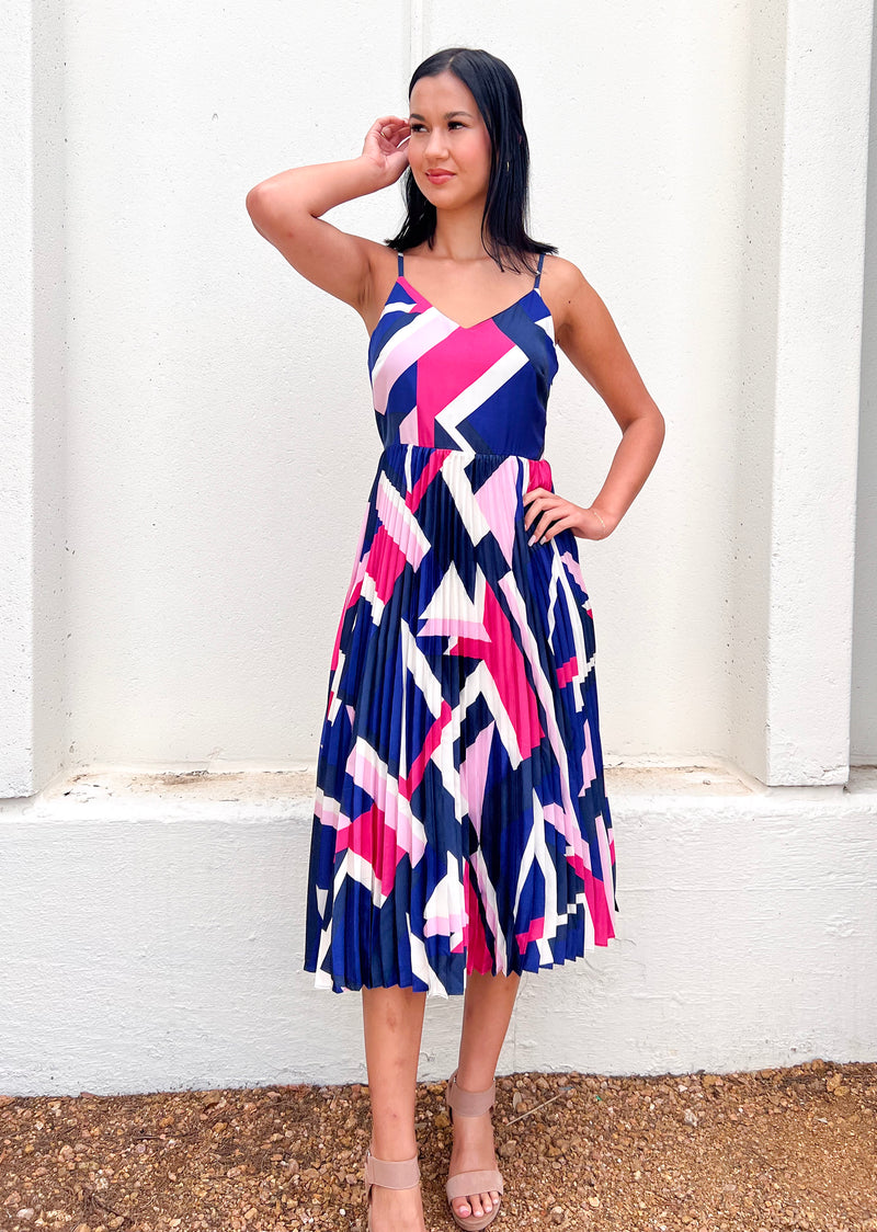 GEO PLEATED MAXI DRESS- NAVY