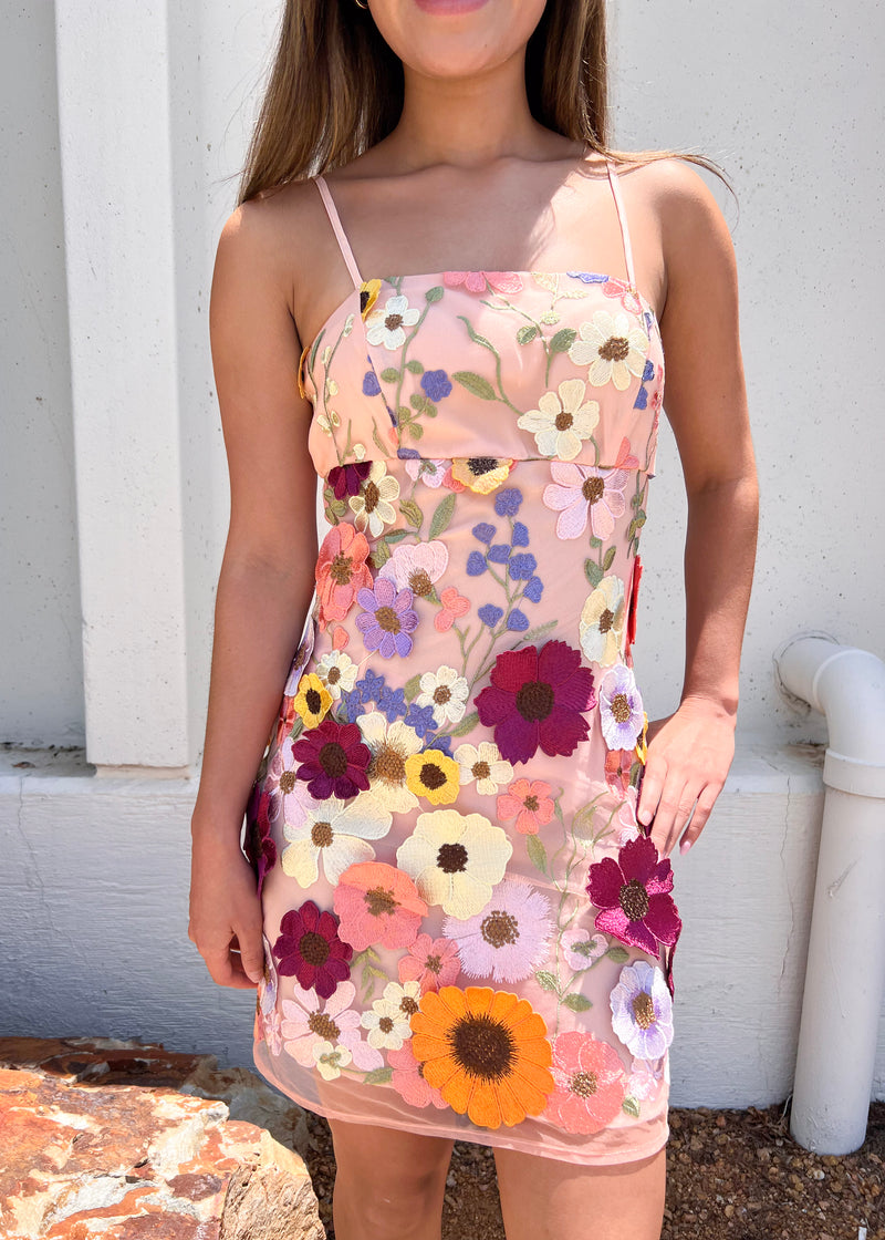 FLORAL APPLIQUE MINI DRESS- BLUSH PINK