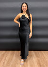 CORSAGE SATIN DRESS- BLACK