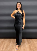 CORSAGE SATIN DRESS- BLACK