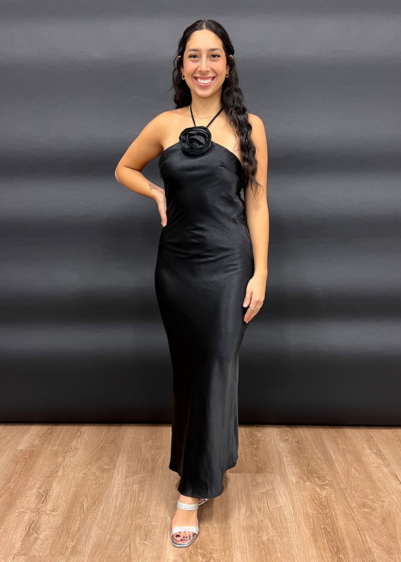 CORSAGE SATIN DRESS- BLACK