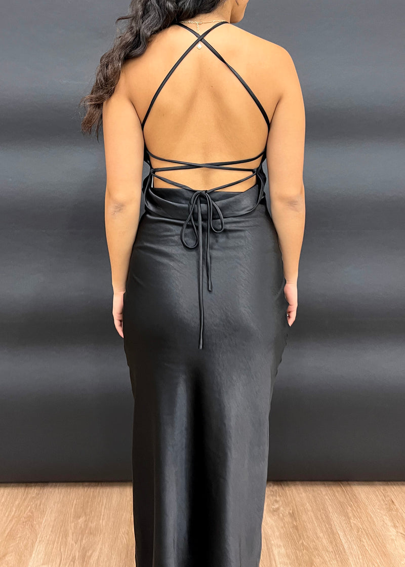 CORSAGE SATIN DRESS- BLACK