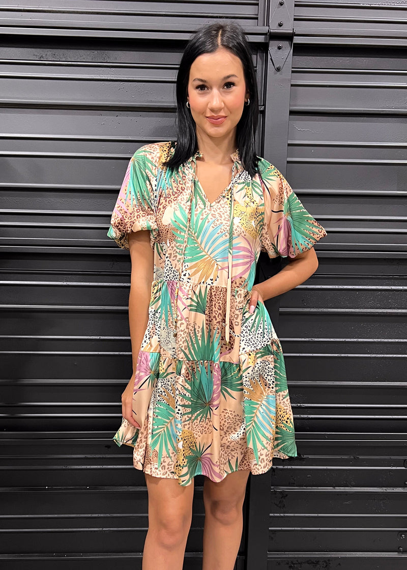 TROPICAL CHEETAH DRESS- TAN