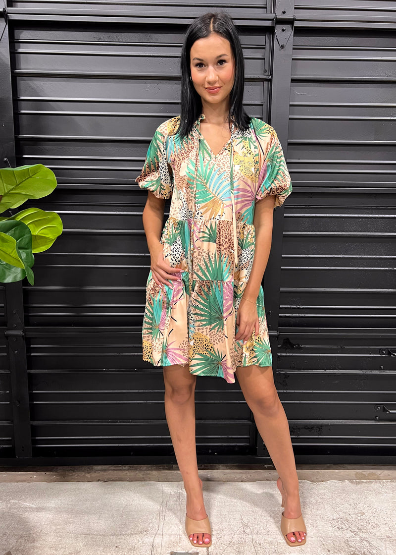 TROPICAL CHEETAH DRESS- TAN