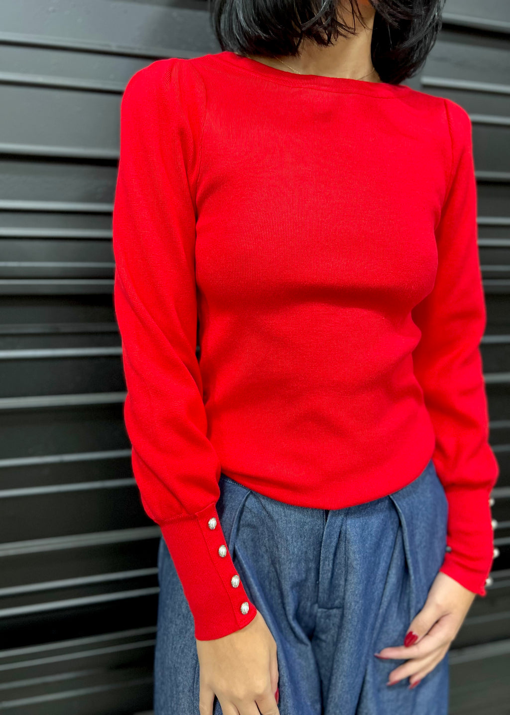 JEWELED LONG SLEEVE KNIT- RED