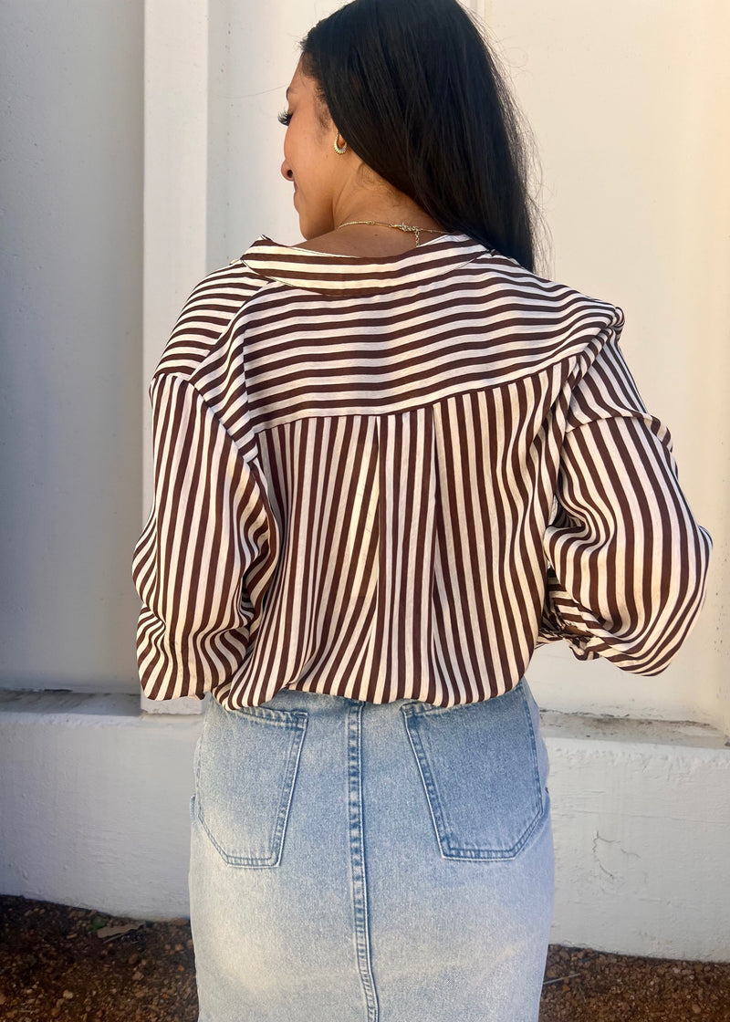 BANDED STRIPED BLOUSE- COFFEE