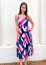 GEO PLEATED MAXI DRESS- NAVY