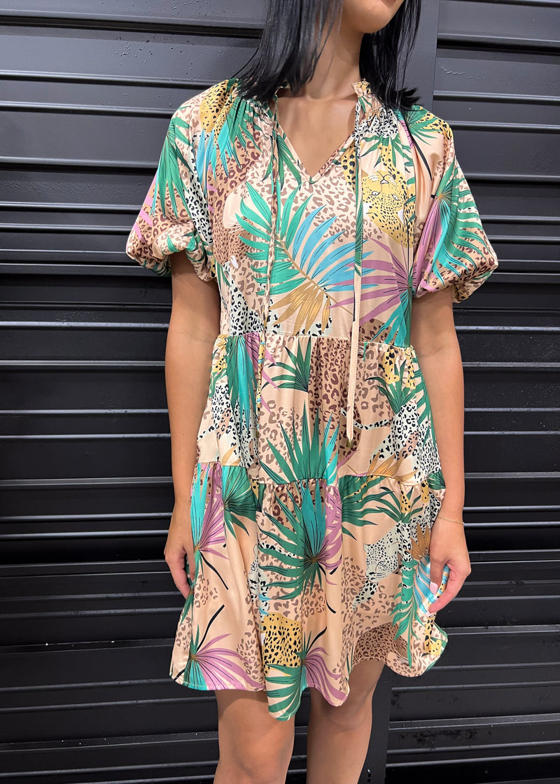 TROPICAL CHEETAH DRESS- TAN