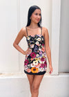 FLORAL APPLIQUE MINI DRESS- BLACK