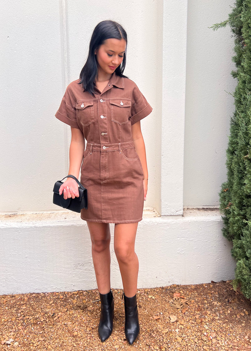 UTILITY DENIM DRESS- BROWN