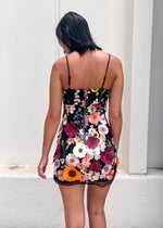 FLORAL APPLIQUE MINI DRESS- BLACK