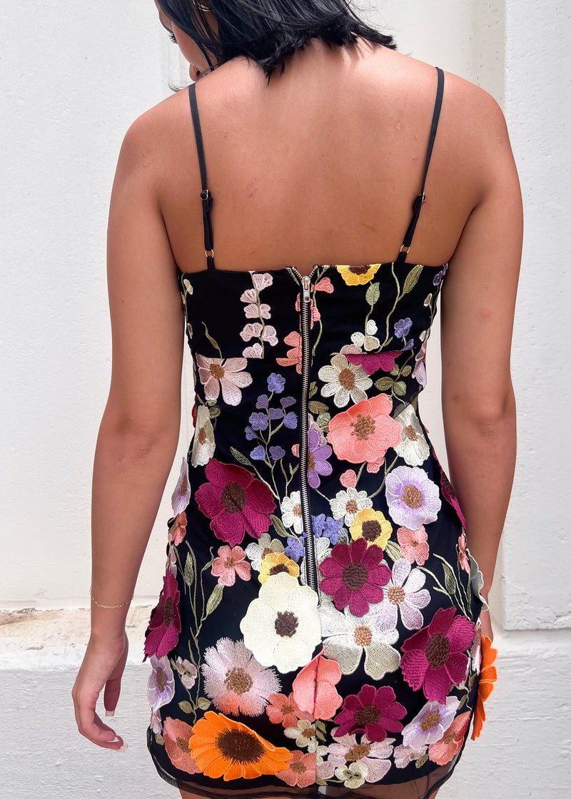 FLORAL APPLIQUE MINI DRESS- BLACK