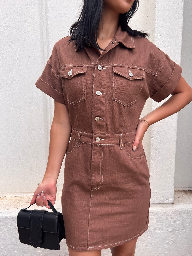 UTILITY DENIM DRESS- BROWN