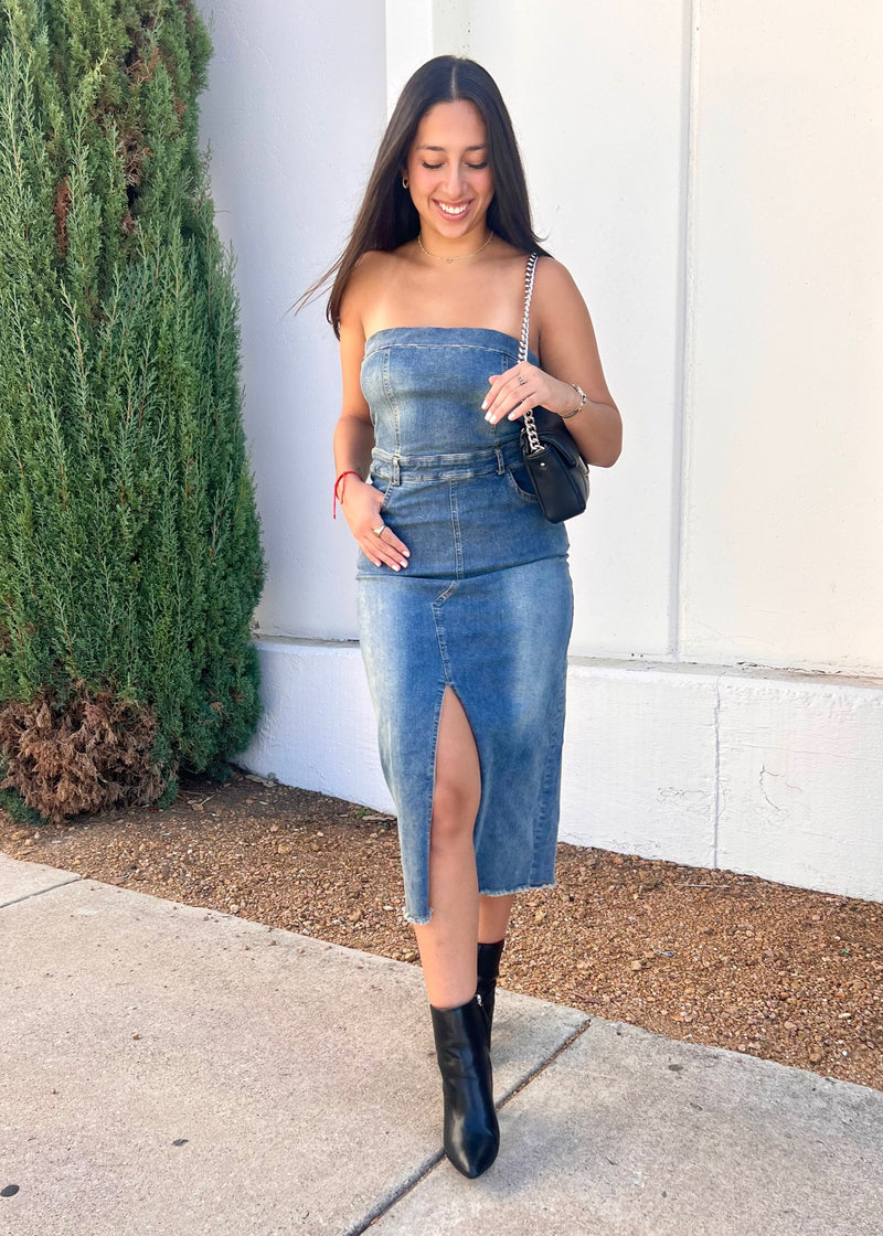 DENIM TUBE MIDI DRESS- DENIM