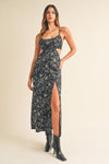 PALOMA FLORAL SATIN DRESS- BLACK