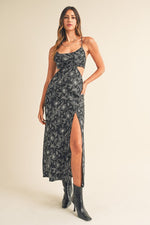 PALOMA FLORAL SATIN DRESS- BLACK