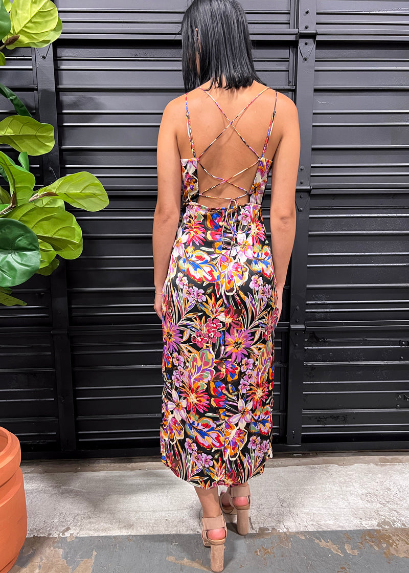 FESTIVAL SATIN TROPICAL DRESS- MULTI