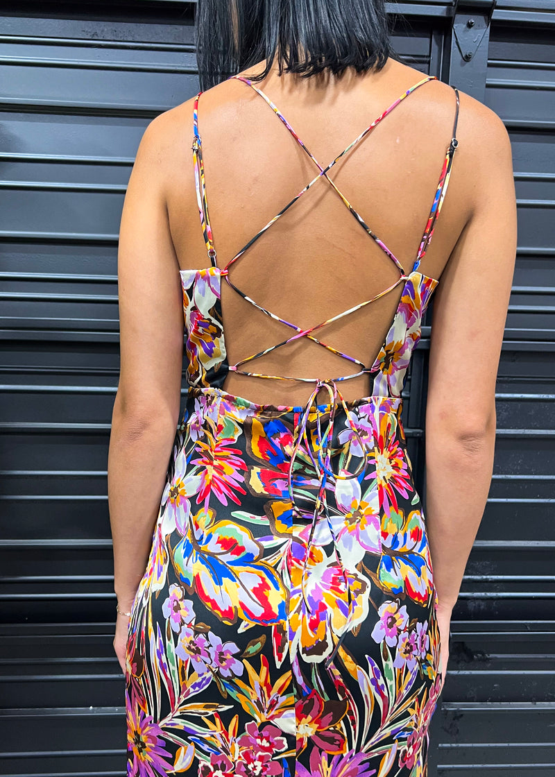 FESTIVAL SATIN TROPICAL DRESS- MULTI