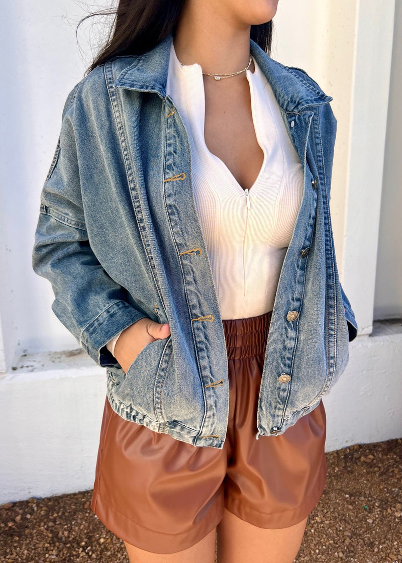 WASHED ELASTIC DENIM JACKET- DENIM