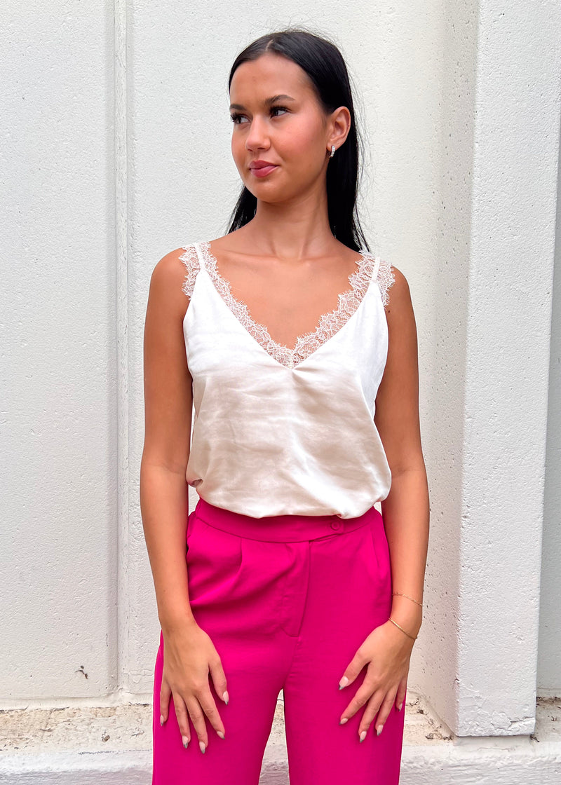 SATIN LACE CAMI- CREAM