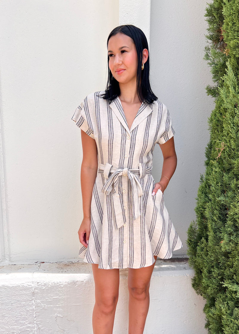 INDIE STRIPED LINEN DRESS- BEIGE/NAVY