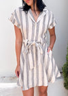 INDIE STRIPED LINEN DRESS- BEIGE/NAVY