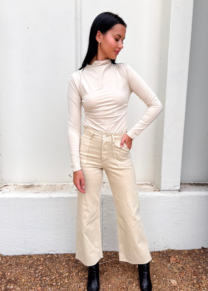 RUCHED LONG SLEEVE KNIT TOP- BIRCH