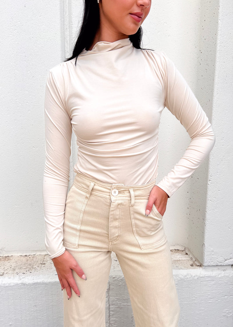 RUCHED LONG SLEEVE KNIT TOP- BIRCH