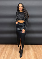 GIA VEGAN LEATHER MIDI SKIRT- BLACK